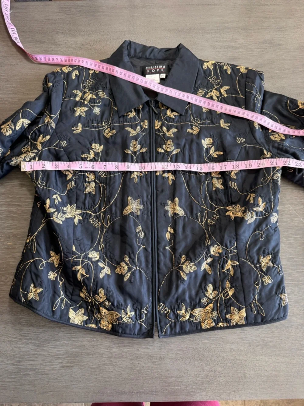 Vintage Silk Quilted Jacket Black Gold Floral Top XL Christina Hope